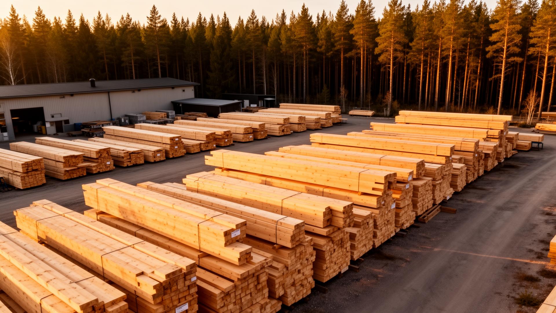 Virkeslager med staplat timmer i Gävle